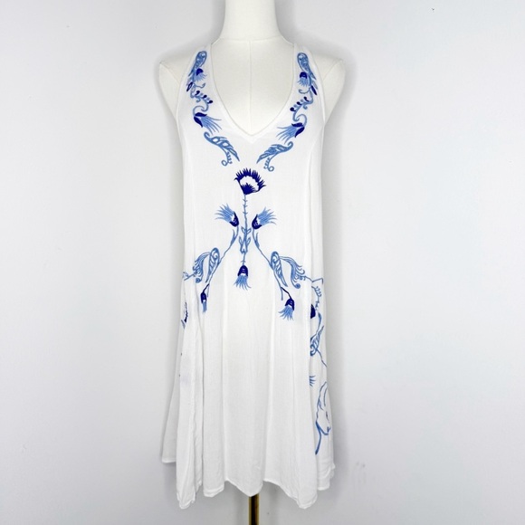 Free People Adelaide Festival Slip Dress Ivory White with Blue Embroidery Large - Picture 4 of 10